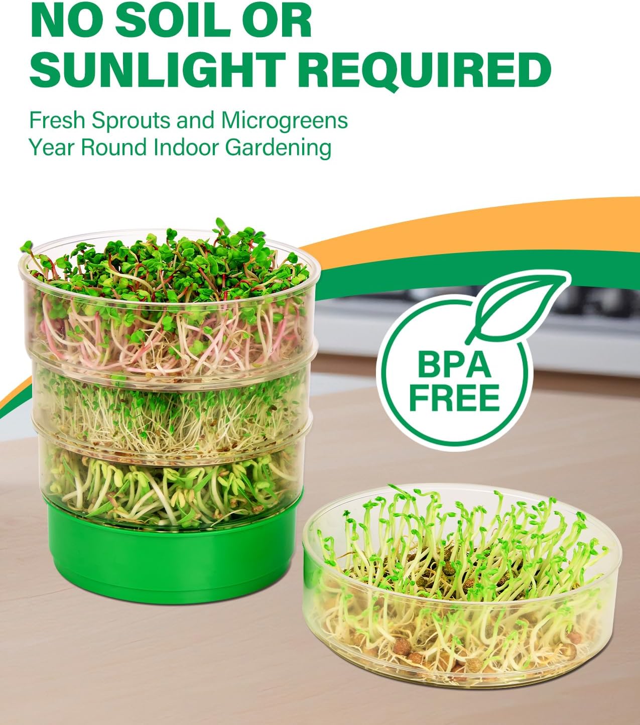 HK Stackable Seed Sprouting Kit, 4-Tier Microgreens Growing Kit with Drain Holes and Drain Tray, Fresh Organic Bean Seed Sprouter Tray, Soil-Free Sprouter Tray for Beans Alfalfa Seeds