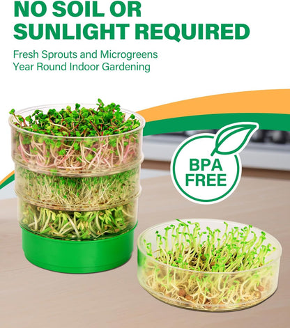 HK Stackable Seed Sprouting Kit, 4-Tier Microgreens Growing Kit with Drain Holes and Drain Tray, Fresh Organic Bean Seed Sprouter Tray, Soil-Free Sprouter Tray for Beans Alfalfa Seeds