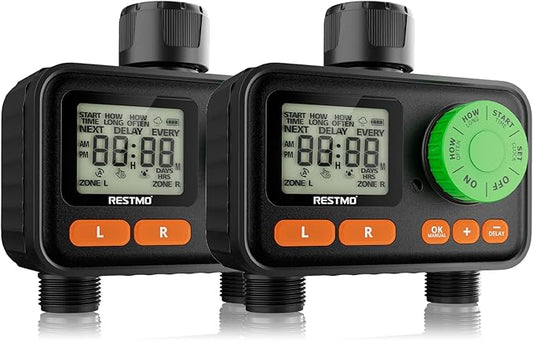 [2 Pack] RESTMO 2 Zone Sprinkler Timer, Programmable Water Timer for Garden Hose, Automatic Digital Control | Manual ON/Off | Rain Delay for Outdoor Faucet, Drip Irrigation and Lawn Watering System