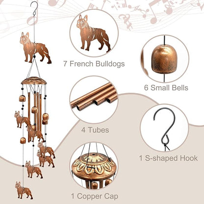 French Bulldog Wind Chimes for Outside, Metal Windchimes Outdoors Birthday Gifts for Women Memorial Sympathy Wind Chimes for Patio Garden Yard