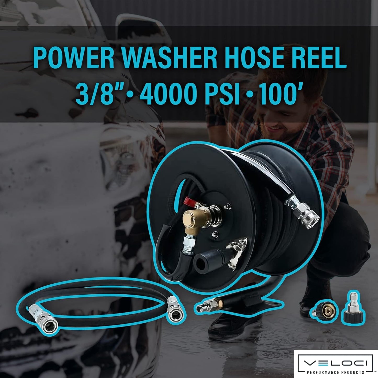 MTM Hydro Pressure Washer Hose Reel Kit, Metal Heavy-Duty Hand Crank Wall Mounted, Commercial Grade with Kobrajet Black Hose High Pressure 3/8” 4000 PSI 100’ Commercial Grade