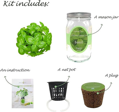 Hydroponic Growing Kit, Self-Watering Mason Jar Herb Garden Starter Kit Indoor, Windowsill Herb Garden, Grow Your Own Herbs from Organic Seeds (Basil)