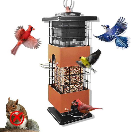 Squirrel Proof Bird Feeders, Metal Bird Feeder for Outdoors, 3 Lbs Birdfeeder Outside Hanging, Weight Activated Spring, 4 Feeding Ports, Finches, Cardinals, Wild Birds, Brown