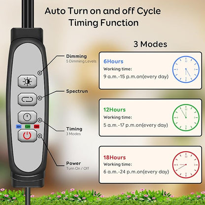 3 Head Grow Lights for Seed Starting, 6000K Full Spectrum Grow Lights for Indoor Plants with 6/12/18H Auto Timer, 5 Dimmable Level Plant Light, Plant Lamp Clip-on Desk for Indoor Plant Growing