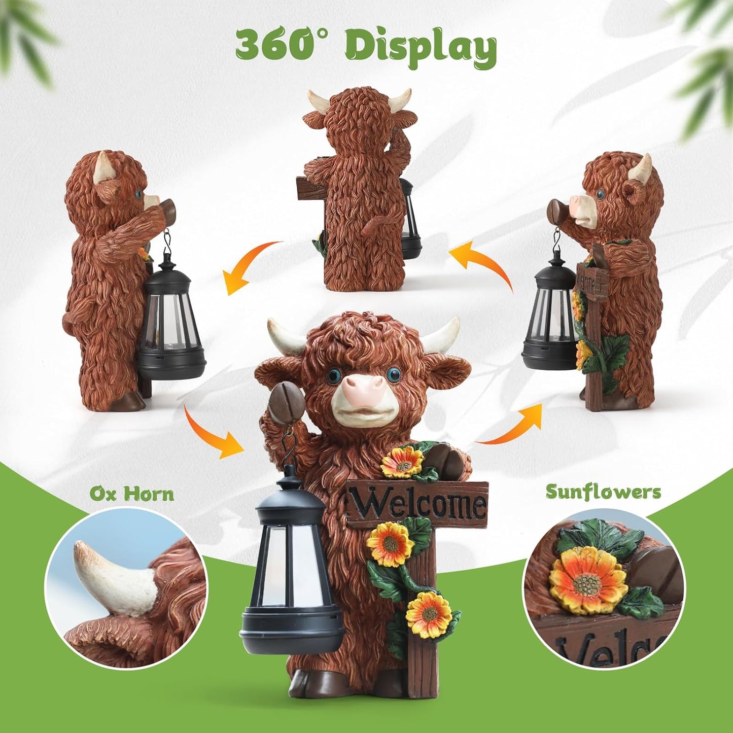 Solar Highland Cow Garden Decor - Outdoor Waterproof Resin Statues with LED Lights, Solar Patio Figurines for Yard & Lawn (1-Pack, Auto On/Off)