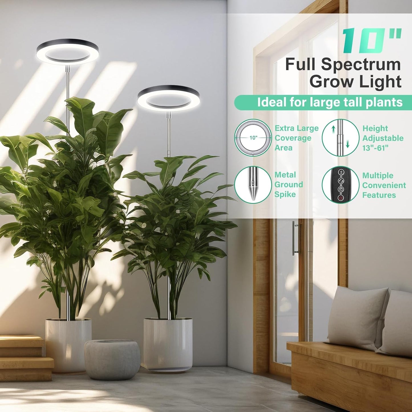 LORDEM 10" Full Spectrum Plant Light, 160 LEDs Large Grow Light for Indoor Tall Plants, Growing Lamp with 4/8/12H Auto Timer, 10 Dimmable Levels, 3 Spectrum Modes, 65" Height Adjustable, Pack of 2