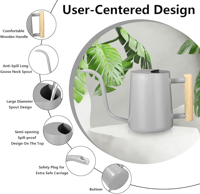 Watering Can Indoor Plants, 35oz Small Indoor Stainless Steel Metal Watering Can Modern Decorative Watering Pot with Long Spout for Indoor House Plant Bonsai Garden Flowers (Gray)