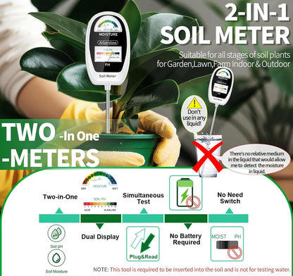 Soil Test Kit, 2-in-1 Soil Moisture Meter, Soil pH Meter -Dual Dial-Simultaneously-Display Results-Soil pH Tester, Moisture Meter for Garden,Lawn,Farm Indoor&Outdoor Plants-PureWhite