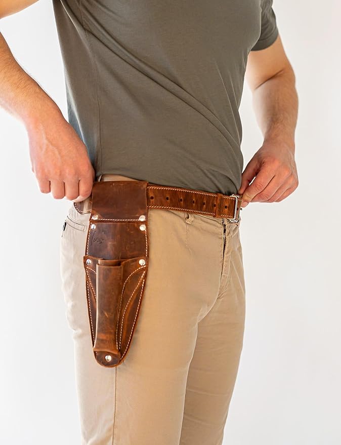 Personilized Hori Hori Leather Sheath Belt with Pruner and Scissor Pockets. Personalized Florist Tool Belt Leather, Gardening Belt with Pockets. (Brown with engraving, one size)