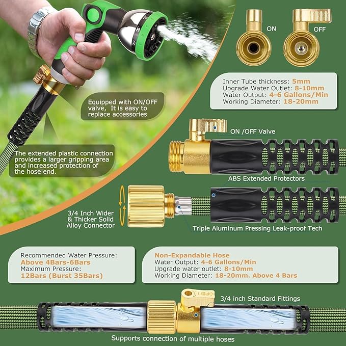 Non-Expandable Garden Hose 75 ft, Ultra Lightweight Flexible Water Hose with 10-Pattern Nozzle, Leak-Proof, High-Density Fabric, Thickened Connector, Shut-Off Valve for Yard, Lawn, Outdoor