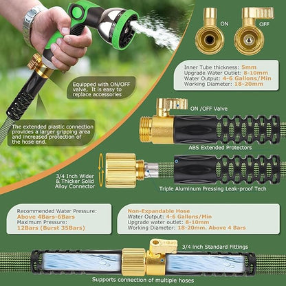 Non-Expandable Garden Hose 75 ft, Ultra Lightweight Flexible Water Hose with 10-Pattern Nozzle, Leak-Proof, High-Density Fabric, Thickened Connector, Shut-Off Valve for Yard, Lawn, Outdoor