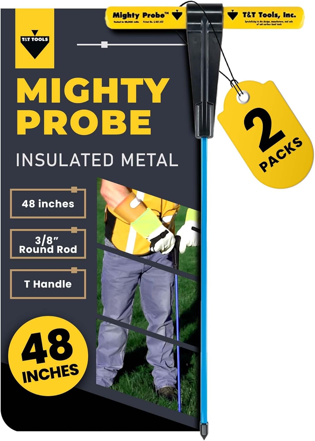 T&T Tools 48-Inch Mighty Probe Insulated Metal Soil Probe – 3/8" Metal Round Rod, Heavy Duty Design for Easy Penetration & Withdrawal, Soil Testing & Landscaping Tools, T-Handle, USA-Made-2 Pack