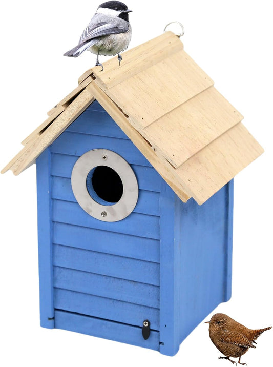 Premium Pine Wood Bird House for Outside – Weather-Resistant Bluebird & Chickadee Nesting Box with Metal Guard