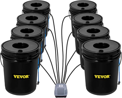VEVOR DWC Hydroponic System, 5 Gallon 8 Buckets, Deep Water Culture Growing Bucket, Hydroponics Grow Kit with Pump, Air Stone and Water Level Device, for Indoor/Outdoor Leafy Vegetables