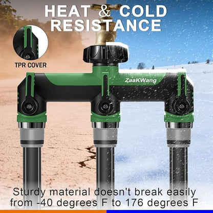 Full Flow Heavy Duty 3 Way Hose Splitter, Rugged Garden Faucet Adapter, Spout Diverter T - Way Adapter with Extended Handle, 3/4” GHT Thread, Green