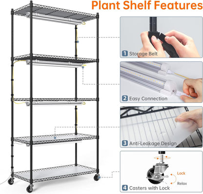 Bstrip Plant Shelf with Grow Lights, 5-Tier Plant Stand with T8 24W Grow Light for Indoor Plants with Wheel, 5000K Full Spectrum LED Plant Light with Timer for Seedling, Seed Starting, 29.5x13.8x59IN