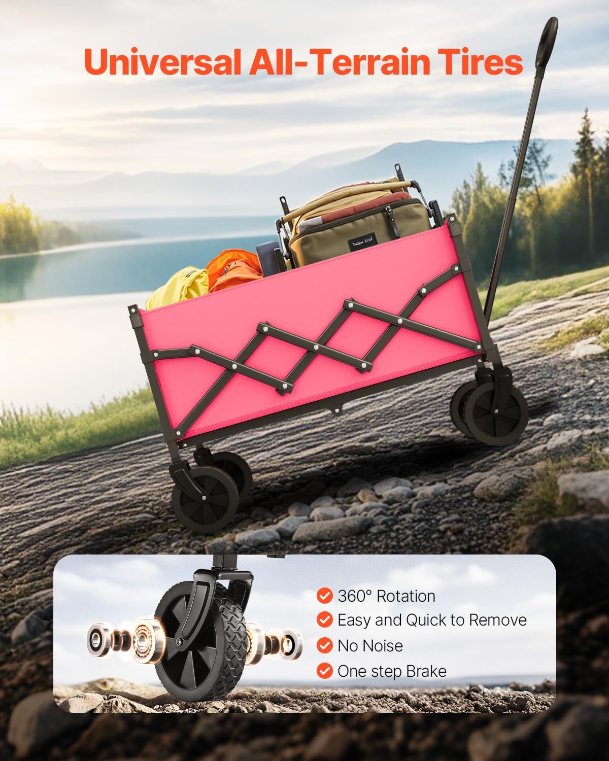 VEVOR Collapsible Wagon Cart with Wheels Foldable, 120L 225LBS Heavy Duty Folding Wagon, Portable Utility Grocery Cart for Groceries Camping Sports Shopping Garden with Adjustable Handle