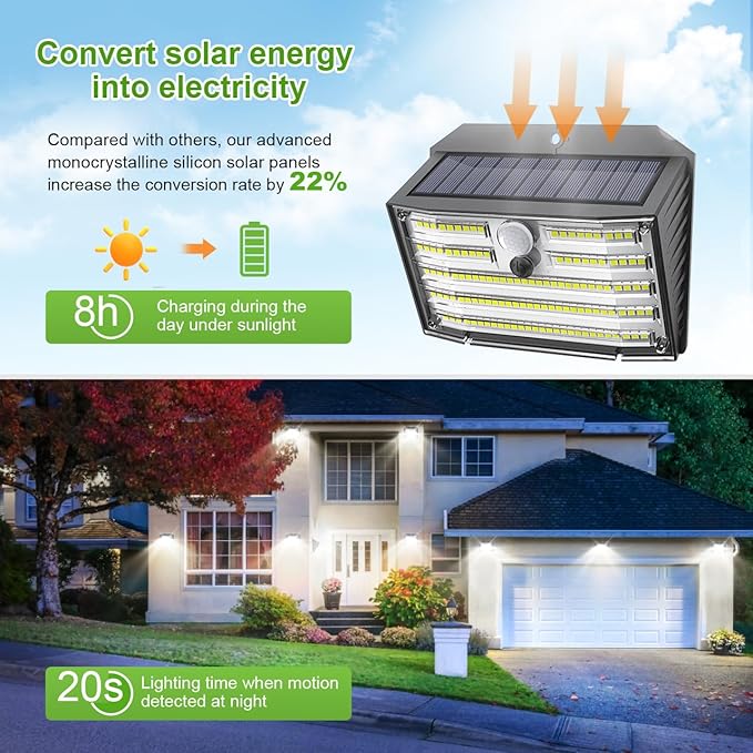 CLAONER Solar Lights Outdoor [𝟒 𝐏𝐚𝐜𝐤/126 LED], Wireless Motion Sensor Lights, IP65 Waterproof Security Lights 3 Modes, 270° Lighting Angle, Ultra-Bright Wall Lights for Deck Patio Fence Garage