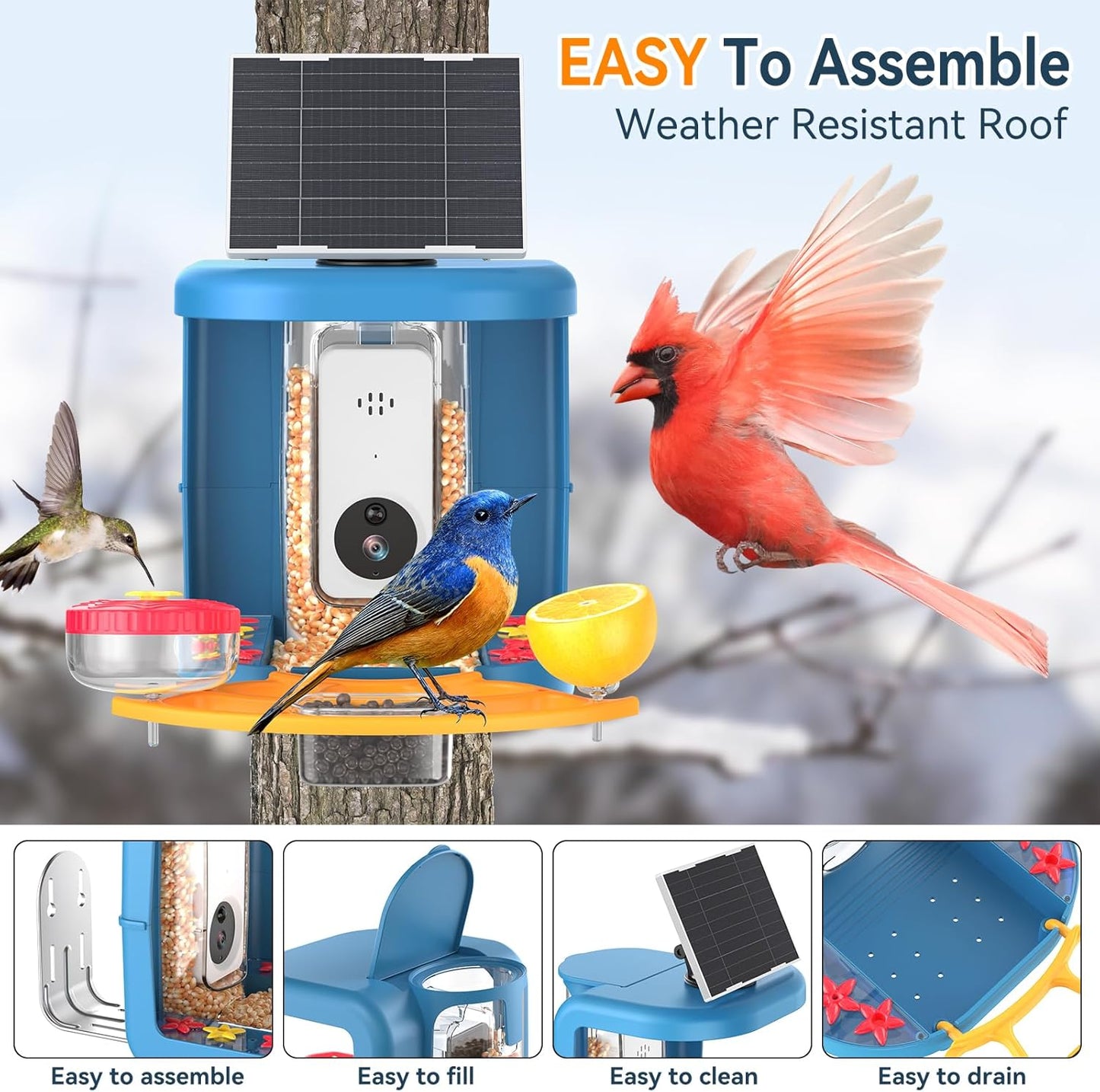 Solar-Powered Smart Bird Feeder with Camera Solar Powered,2K Video Recording, Auto Bird ID & Extensive DIY Accessories,2 in 1 Hummingbird Feeder Camera Ideal Present for Bird Lovers (Blue)