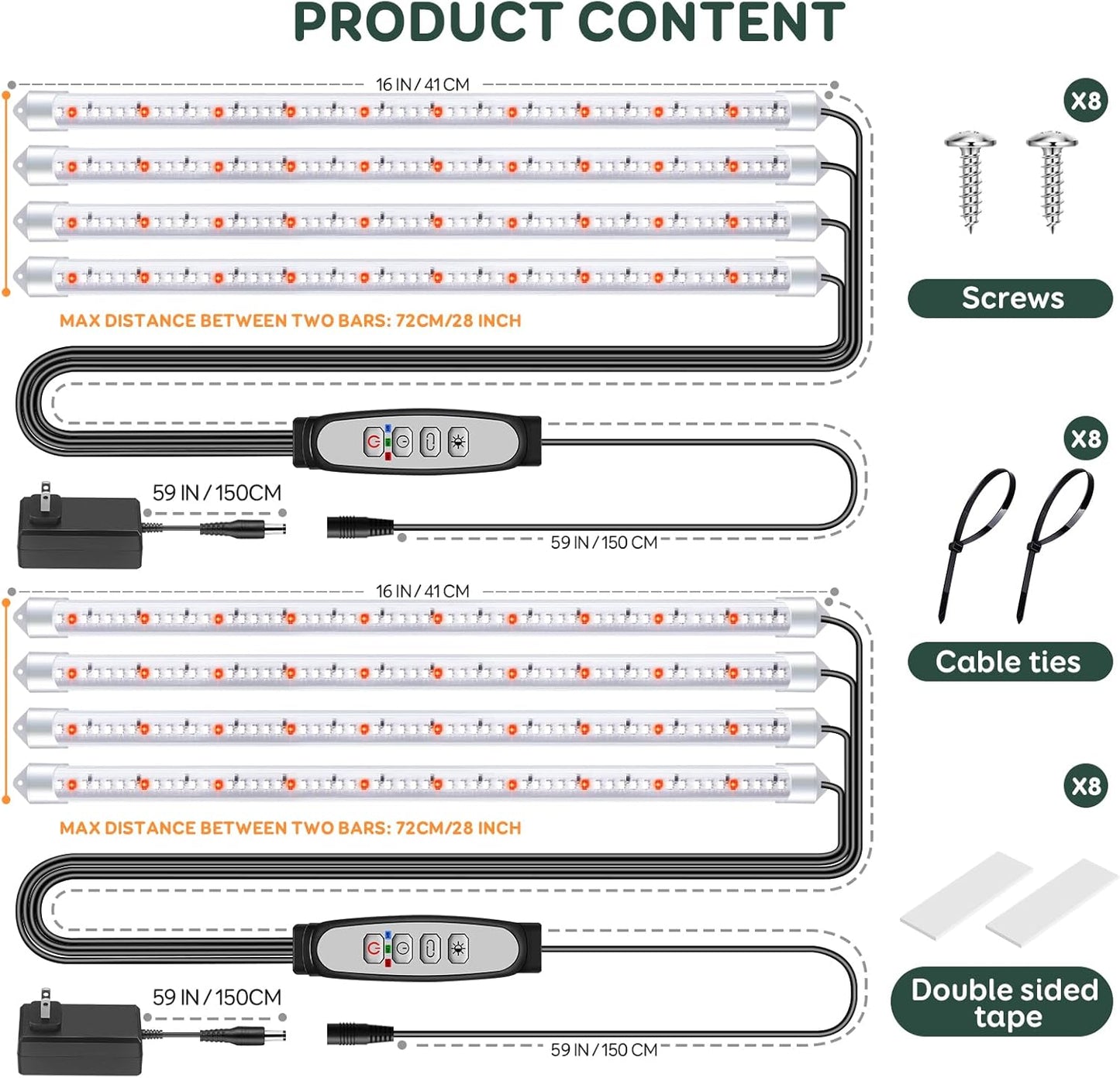 4 Bars Grow Light Strips for Indoor Plants with Auto ON/Off Timer 6/12/18H, 5 Dimmable Levels for Shelves Plant Growing(Pack 2)