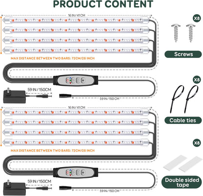 4 Bars Grow Light Strips for Indoor Plants with Auto ON/Off Timer 6/12/18H, 5 Dimmable Levels for Shelves Plant Growing(Pack 2)