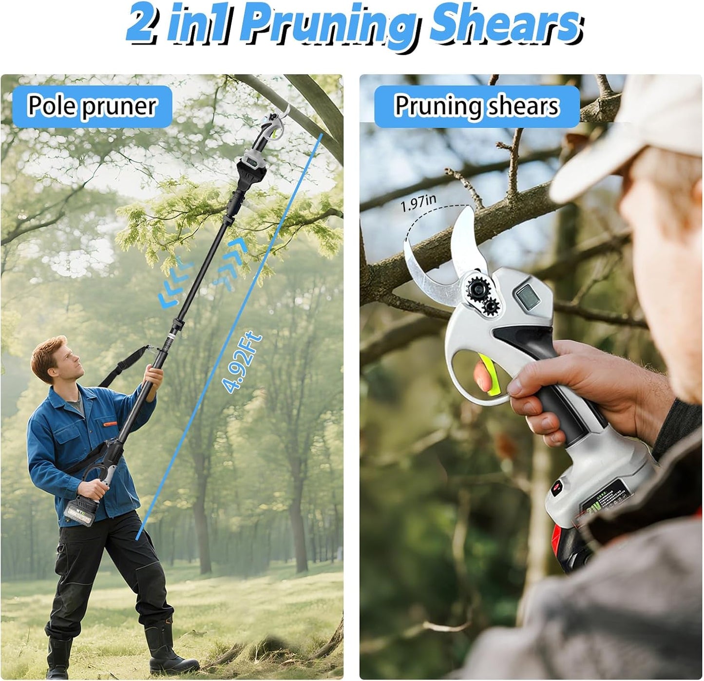 Electric Pruning Shears with Pole 1.4-2.0 Cutting Diameter & 2-IN-1 Electric Pole Pruner,2PCS 21V 3.0Ah Batteries,Brushiless Motor,4 Modes Adjustable Branches Cutter for Flower, Tree Trimming(Gray)