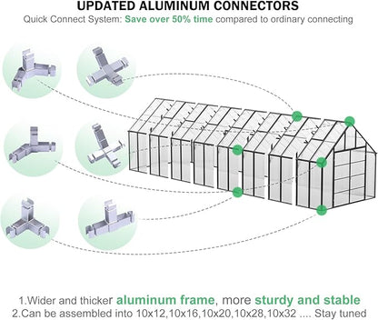 CDCASA 32x10x10 FT Greenhouse for Outdoors, Easy Assembly Large Thicker Aluminum Heavy Duty Polycarbonate Greenhouses Kit w/7 Windows, Outside Sunroom Walk-in Green House for Patio,Backyard