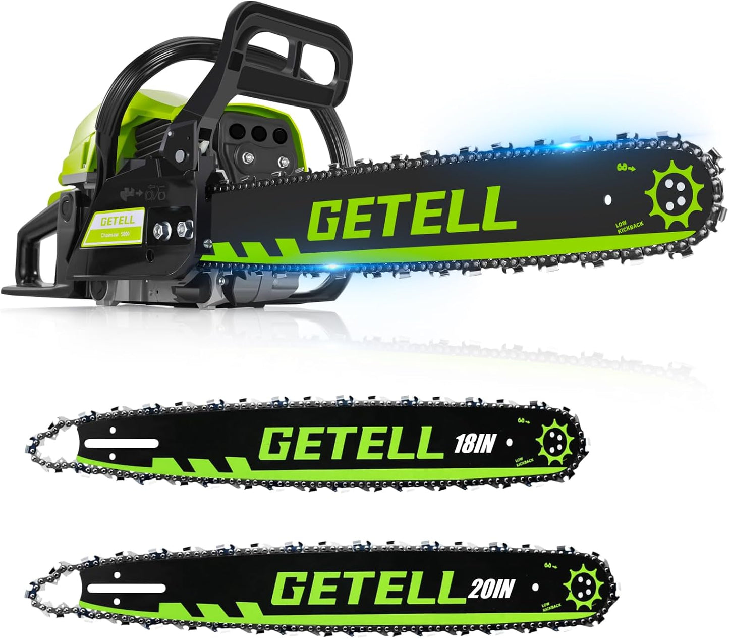 Professional 58cc Gas Powered Chainsaw with Quick-Switch Dual Bar 18/20 Inch System – Heavy Duty Chain Saw with Easy-Start for Tree Cutting, Limbing & Farm Use (GEL9902)