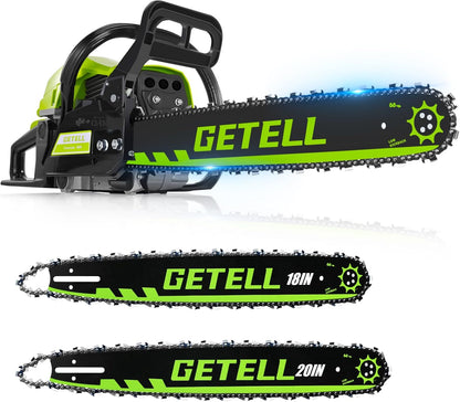 Professional 58cc Gas Powered Chainsaw with Quick-Switch Dual Bar 18/20 Inch System – Heavy Duty Chain Saw with Easy-Start for Tree Cutting, Limbing & Farm Use (GEL9902)