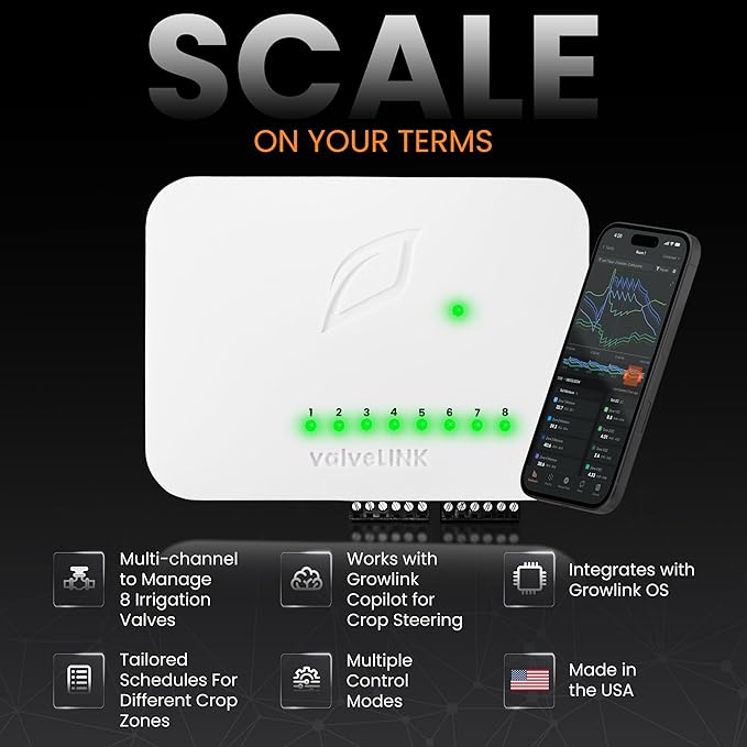 valveLINK 8-Channel Irrigation Controller – Automates Valves for Watering & Crop Steering in Controlled Environment Agriculture – Manual or Automatic Operation via Sensors, Timers, Schedules