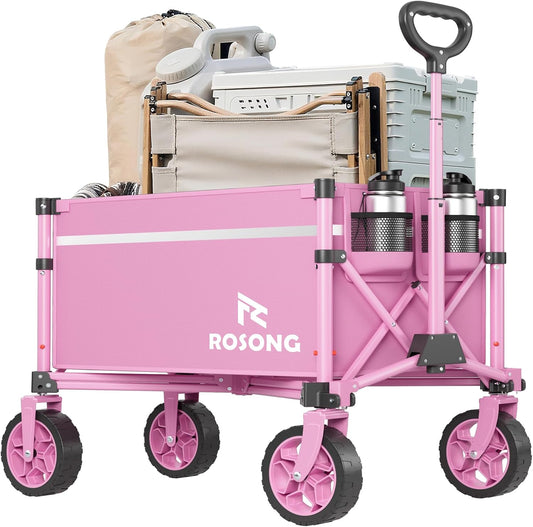 Collapsible Wagon Cart with Wheels Foldable - Folding Utility Heavy Duty Wagons Carts for Grocery Sports Garden Shopping Camping Wheelbarrows (Pink, 90L)