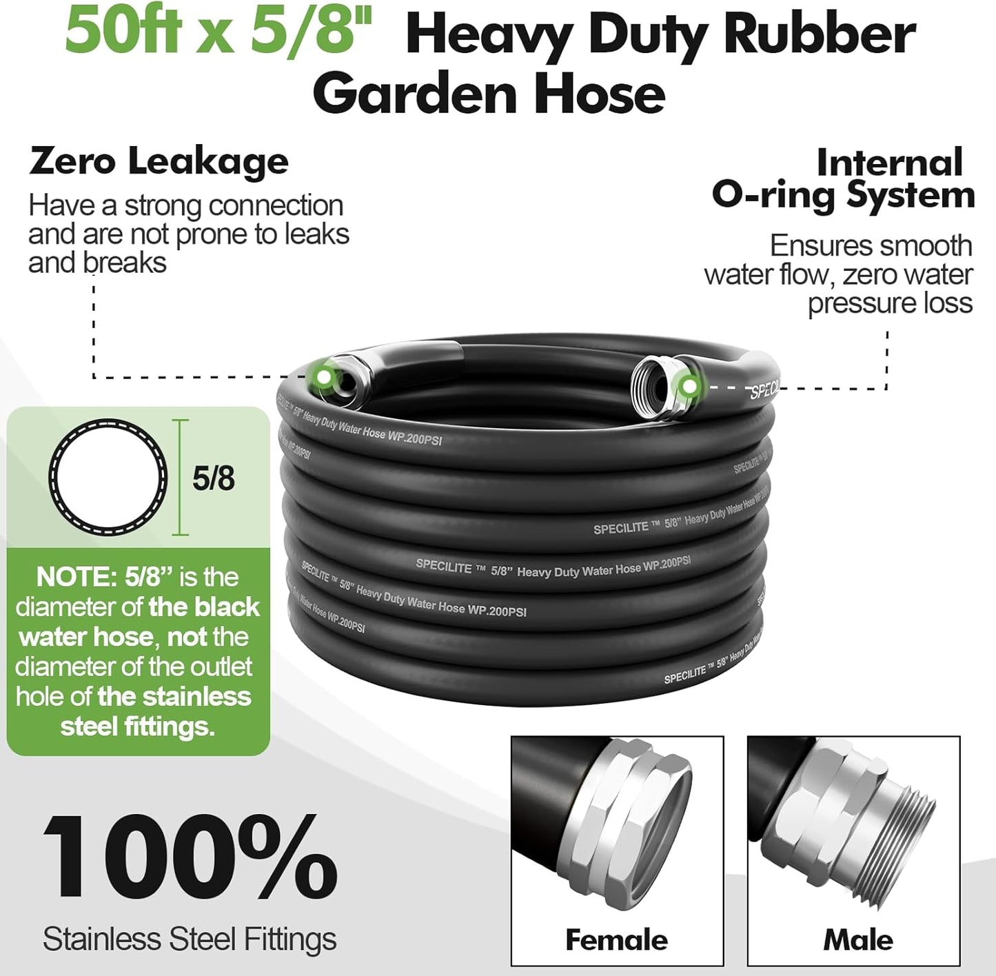 SPECILITE 5/8" Garden Hose 50 ft with High Flow Nozzle, Heavy Duty Flexible Hybrid Rubber Water Hose for Outdoor, Lightweight, Leak-Proof, No-Kink, 3/4"Stainless Steel Fittings,Black