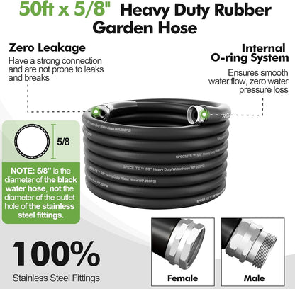 SPECILITE 5/8" Garden Hose 50 ft with High Flow Nozzle, Heavy Duty Flexible Hybrid Rubber Water Hose for Outdoor, Lightweight, Leak-Proof, No-Kink, 3/4"Stainless Steel Fittings,Black
