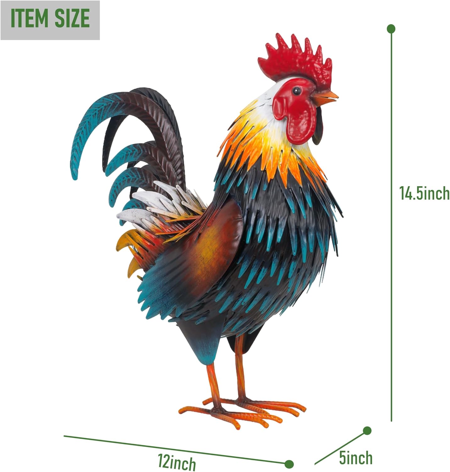 Rooster Garden Statue Sculpture Metal Chicken Yard Decor Outdoor Figurines Patio Backyard Decoration (Yellow)