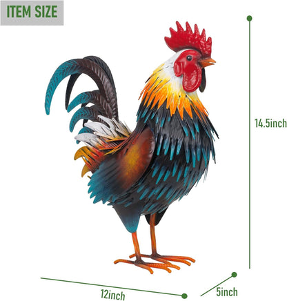 Rooster Garden Statue Sculpture Metal Chicken Yard Decor Outdoor Figurines Patio Backyard Decoration (Yellow)