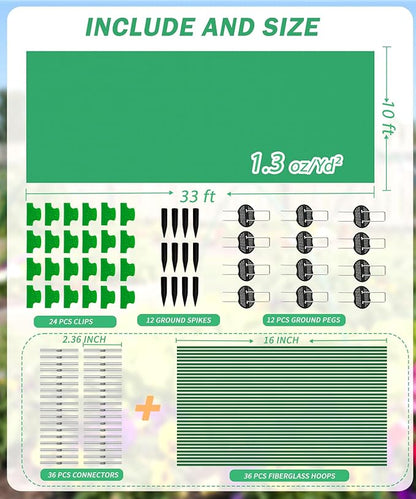 NEW Plant Covers Freeze Protection Kit,10x33FT 1.3 oz/yd² Frost Blanket,36 Hoop,12 Peg,Reusable Garden Bed Covers for Winter,Greenhouse Tunnel,Snow & Pest Protection for Outdoor Plant & Raised Bed