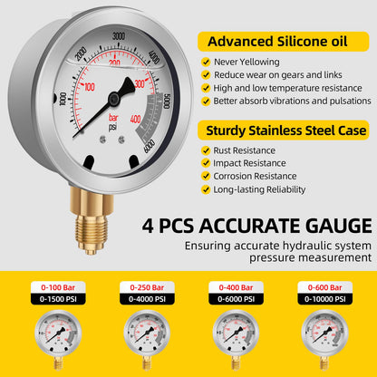Hydraulic Pressure Test Kit with 4 Gauges (Max 10,000 PSI), 10 Test Couplings, 3 Test Hoses, Hydraulic Gauge Tester Set for Excavators, Construction Machinery, and Mining.