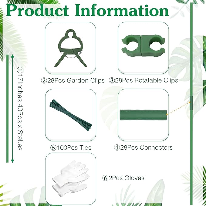 Garden Stakes 17Inch 40Pack, DIY Tall Plant Support Stakes of 4Ft,5Ft,6Ft,7Ft, HAINANSTRY Fiberglass Plant Stake for Indoor & Outdoor Plants, Tomato Vegetable Stakes for Garden