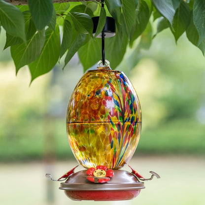 Muse Garden Glass Humming Bird Feeders for Outdoors - 27OZ Blown Glass Hummingbird Feeder - Unique Gift for Mom Women Grandparents, Outdoors Hanging Garden Decor, Ant Moat & Brush, Amber Fireworks