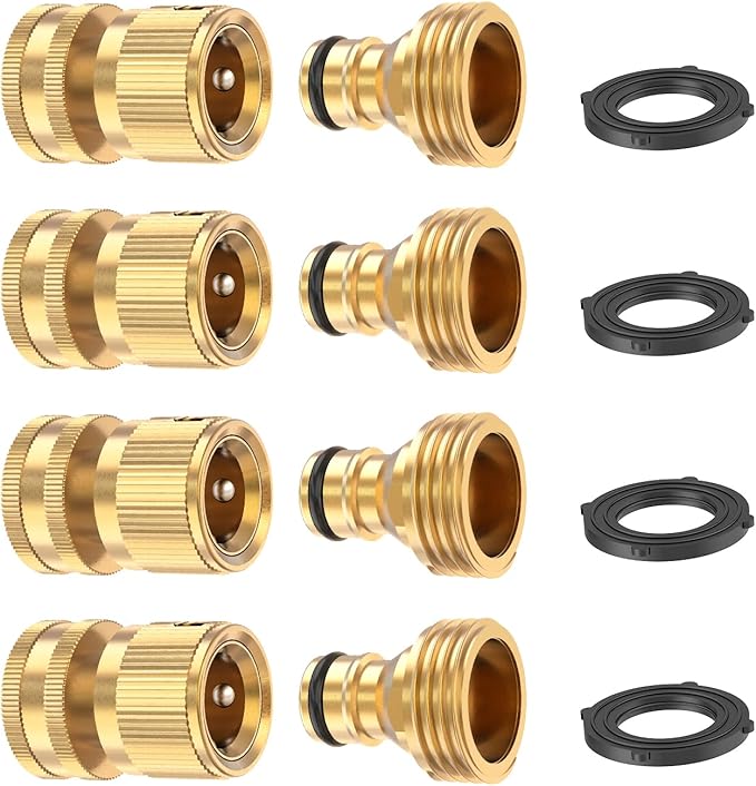 Kesfitt Garden Hose Quick Connect 3/4 Inch GHT Solid Brass Hose Connector Adapter Kit Fitting No-Leak Water Hose Female and Male Adapter (4 Sets)