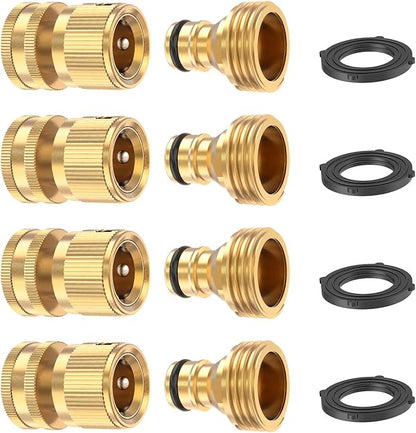 Kesfitt Garden Hose Quick Connect 3/4 Inch GHT Solid Brass Hose Connector Adapter Kit Fitting No-Leak Water Hose Female and Male Adapter (4 Sets)