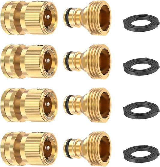 Kesfitt Garden Hose Quick Connect 3/4 Inch GHT Solid Brass Hose Connector Adapter Kit Fitting No-Leak Water Hose Female and Male Adapter (4 Sets)