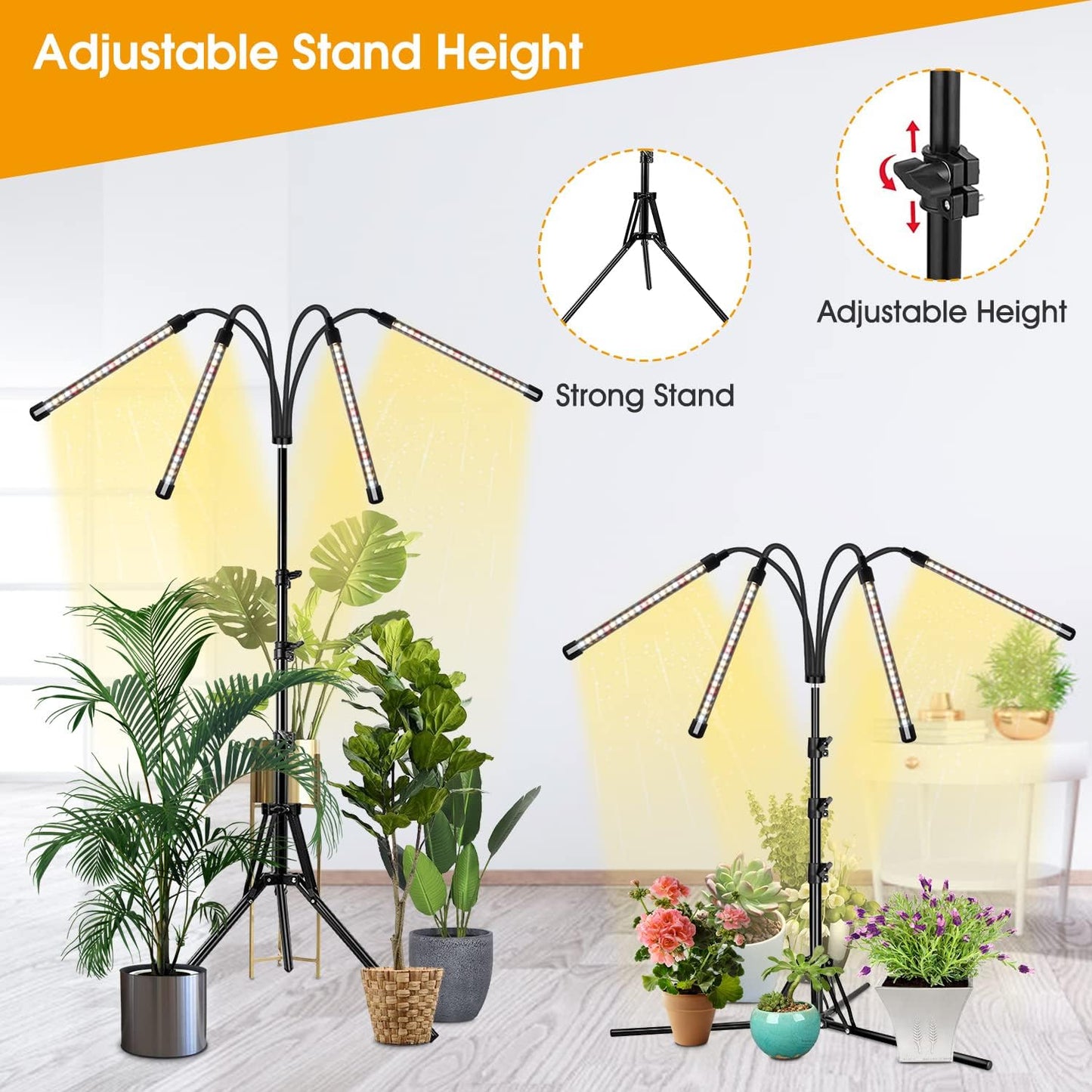 Wolezek Grow lights for Indoor Plants, 4-Head Full Spectrum LED Grow Light with Adjustable Tripod Stand 15-61 inches for Seed Starting, 3500K 6500K 660nm White Red Floor Plant Lamp with 6/12/16H Timer