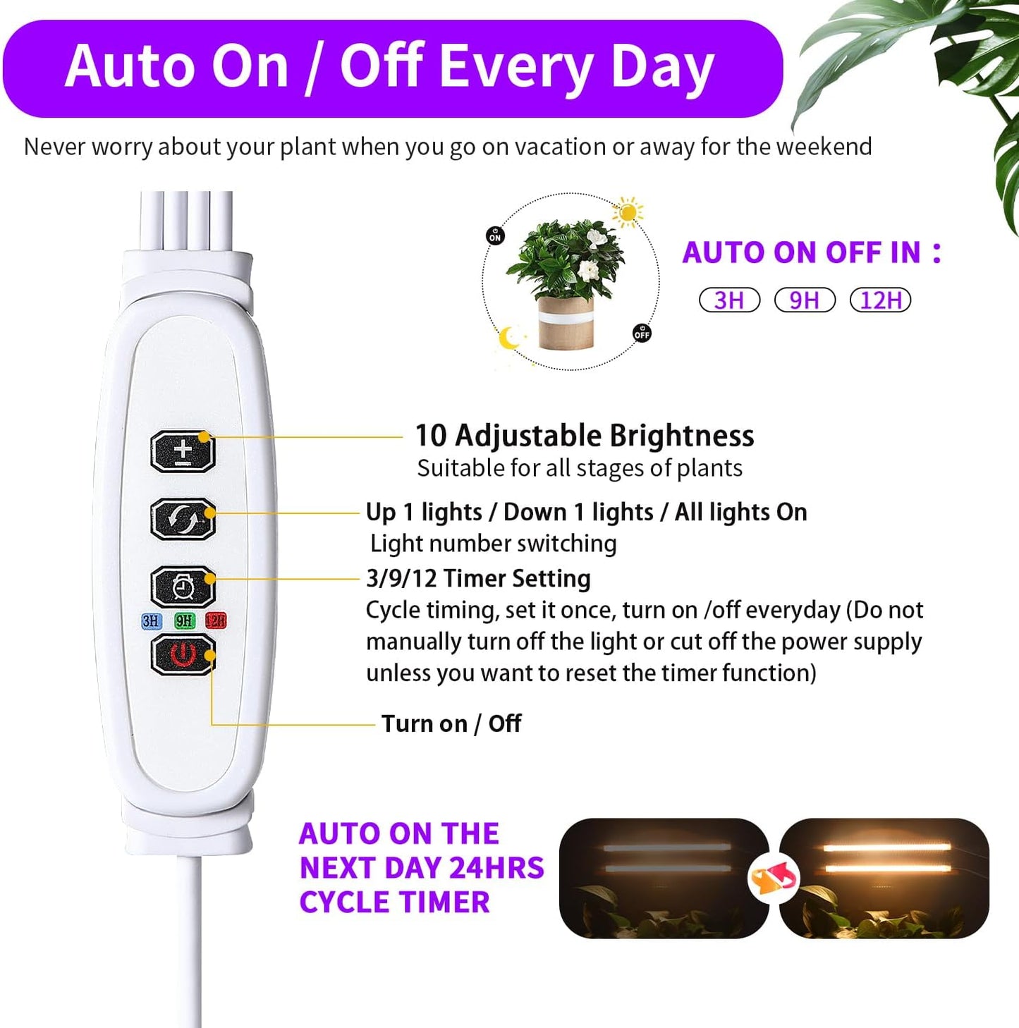 LED Grow Light Strips, Full Spectrum 3500K Plant Growing Lights for Indoor Plants, Plant Lamp for Hydroponics Succulent with 3/9/12H Timer, 10 Dimmable Levels, 3 Head 13 Inches (2 Strip 3 Pack)