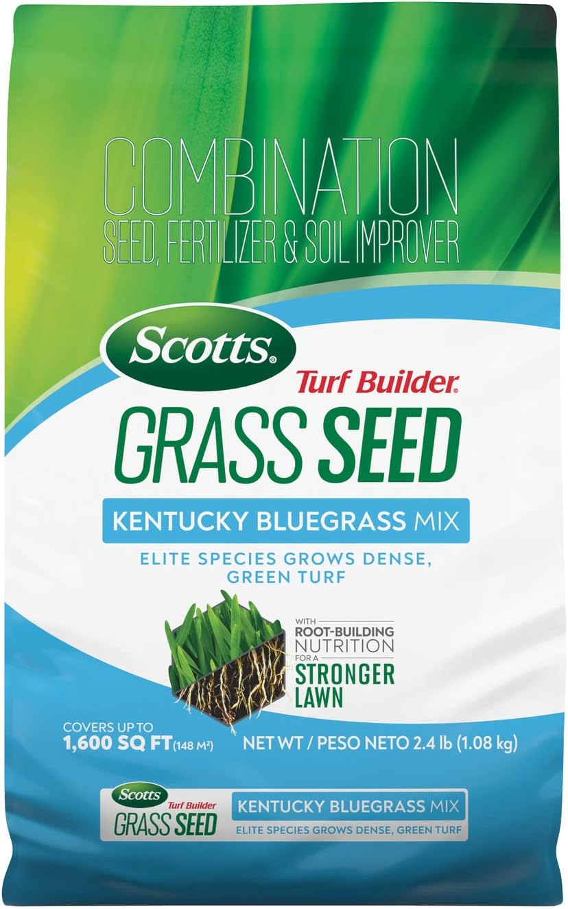Scotts Turf Builder Grass Seed Kentucky Bluegrass Mix with Fertilizer and Soil Improver, Grows Dense, Green Turf, 2.4lbs.