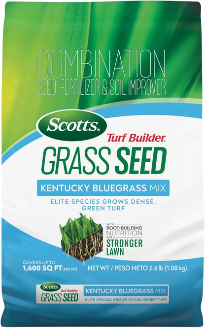 Scotts Turf Builder Grass Seed Kentucky Bluegrass Mix with Fertilizer and Soil Improver, Grows Dense, Green Turf, 2.4lbs.