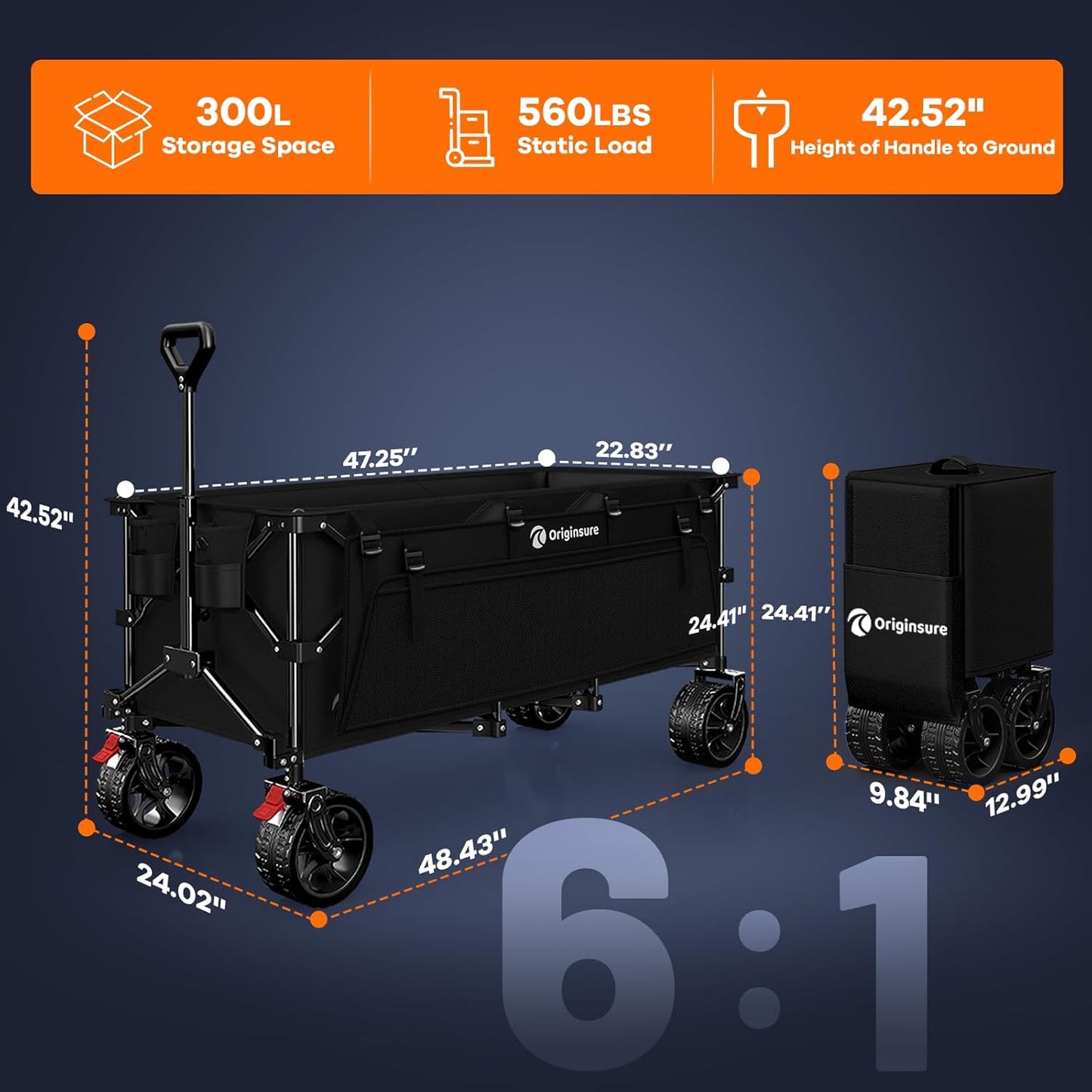 48" L Collapsible Wagon Cart Foldable, 560lbs Weight Capacity 300L Heavy Duty Folding Beach Wagons with Big All-Terrain Wheels, Utility Carts for Groceries, Shopping, Camping, Sports - Black