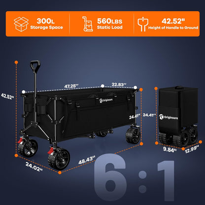 48" L Collapsible Wagon Cart Foldable, 560lbs Weight Capacity 300L Heavy Duty Folding Beach Wagons with Big All-Terrain Wheels, Utility Carts for Groceries, Shopping, Camping, Sports - Black