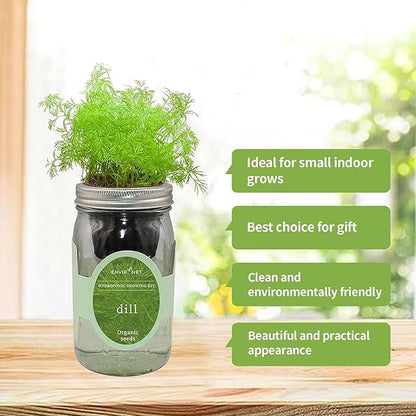 Hydroponic Herb Growing Kit, Self-Watering Mason Jar Herb Garden Starter Kit Indoor, Windowsill Herb Garden, Grow Your Own Herbs from Organic Seeds (Dill)
