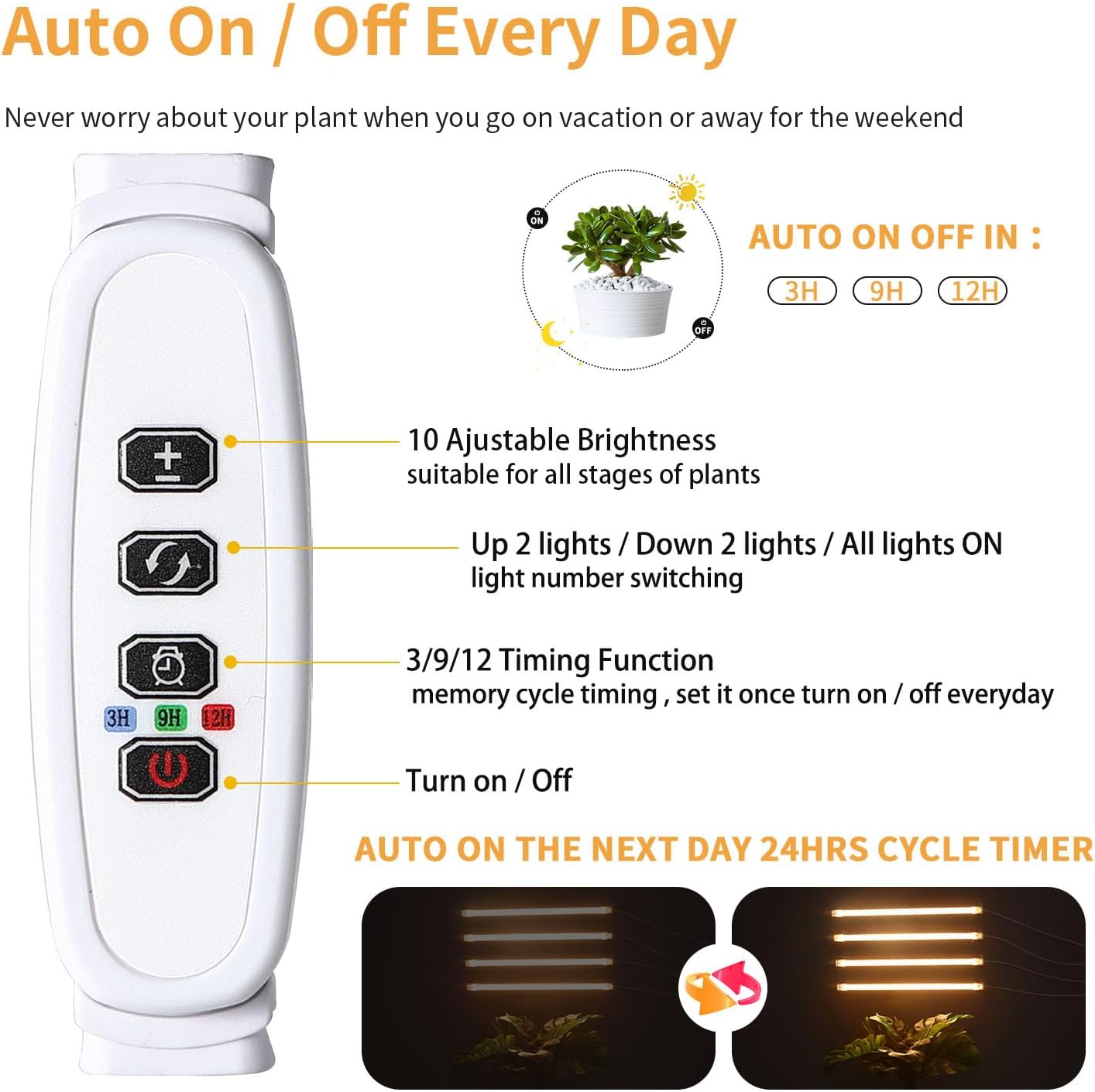 LED Plant Grow lamp, 3500K Full Spectrum Growing Light Strips for Indoor Small Plants with 3/9/12H Timer & 10 Dimmable Levels, LED Growth Light for Green House Hydroponics Succulent 2 Pack